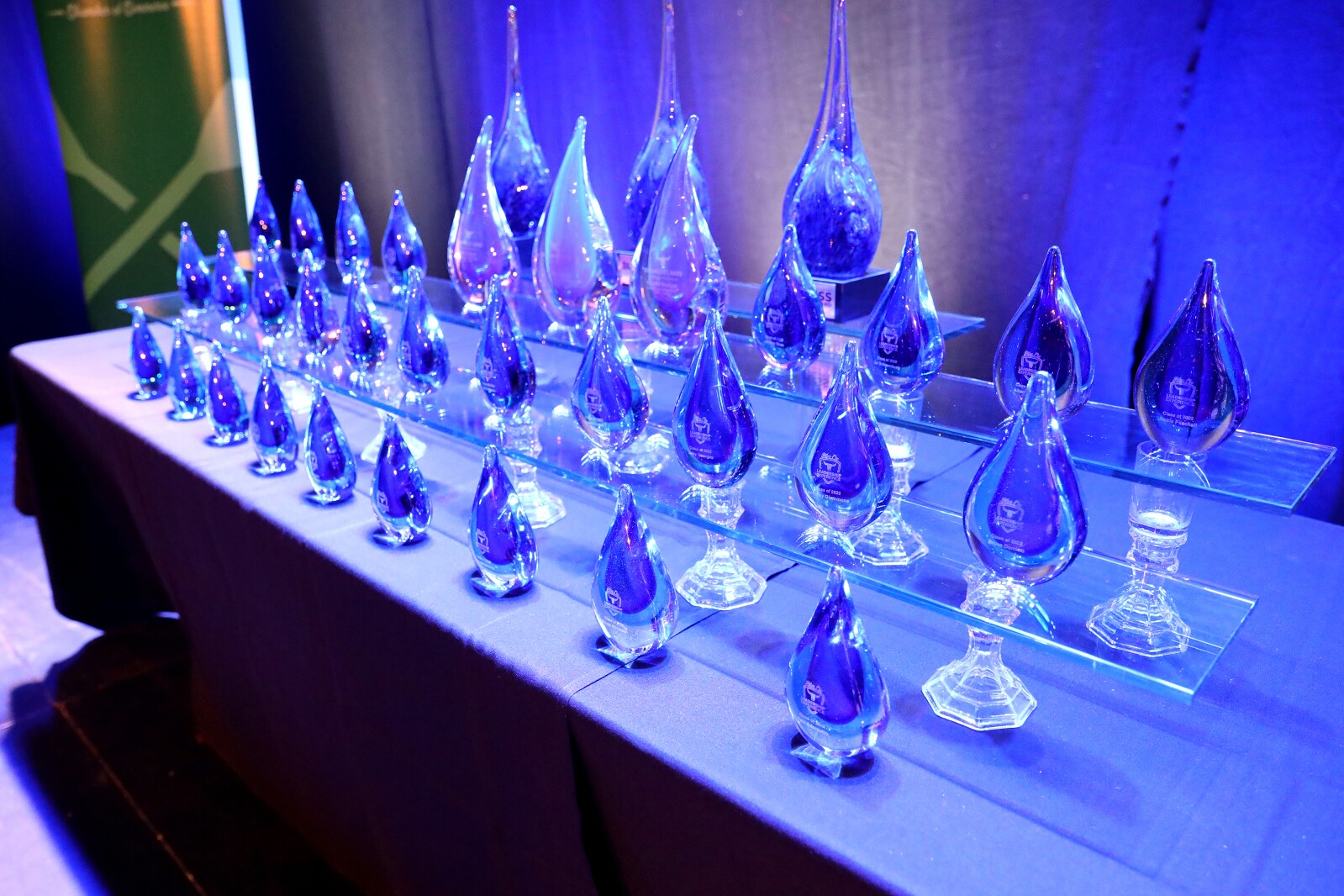 Awards on a table.