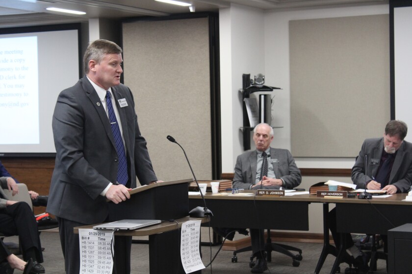 Dickinson Mayor Scott Decker spoke in favor of House Bill 1525, which would seek to pay off outstanding school district debt through the Common Schools Trust Fund. (Iain Woessner / The Dickinson Press)