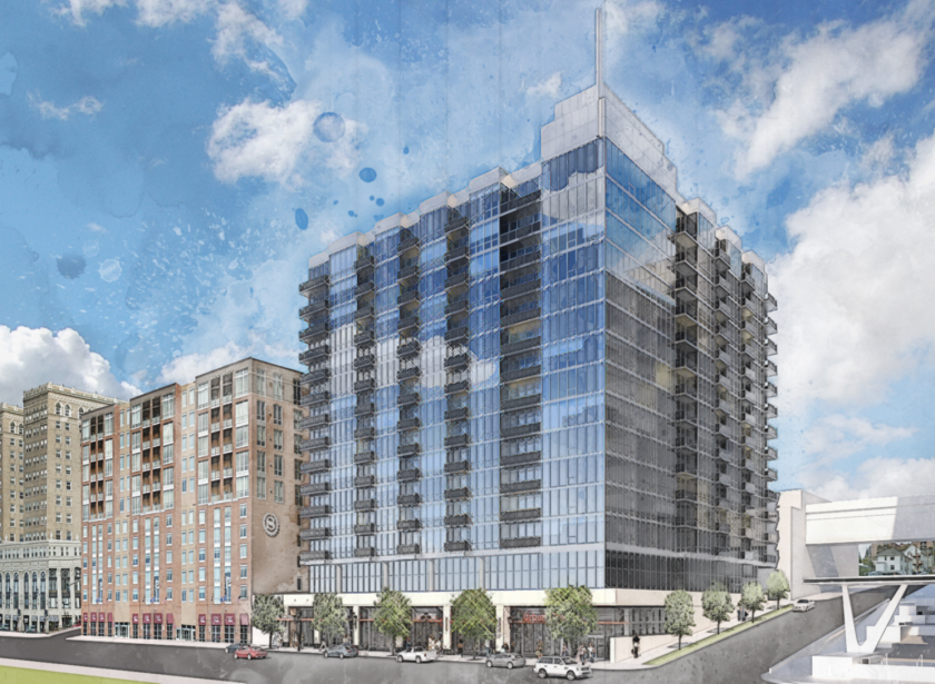 A rendering of the proposed 15-story apartment building at 333 E. Superior St., which would replace the Voyageur Lakewalk Inn. Developers hope to attract a grocery store to the ground level of the 204-unit complex. Courtesy Landmark