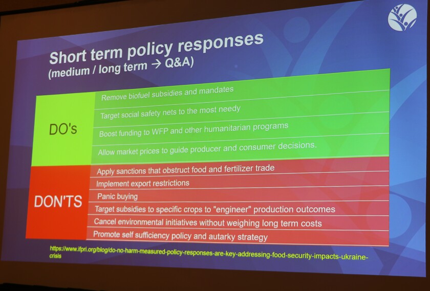 A chart shows policy "Dos and Don'ts" for coping with food security impacts from the invasion of Ukraine.