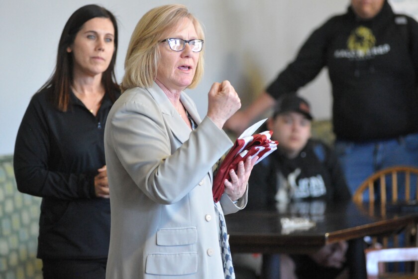 U.S. Representative Michelle Fischbach presenting flag at Kalon Prep 