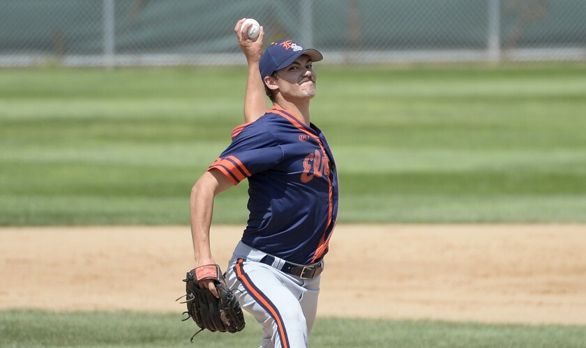 Elrosa Saints starting pitcher Payton VanBeck lines up a toss during a Class C state amateur baseball playoff game against the Montgomery Mallards on Saturday, Aug. 20, 2022 at Bell Field in Faribault.