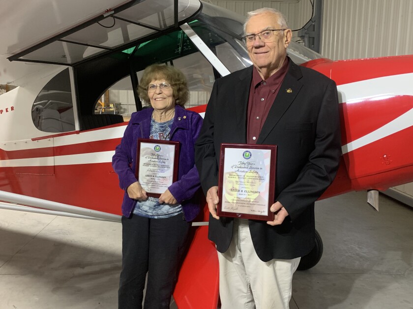 Leslie Ellingson, and his wife Dee, in March 2022 after she was presented with an award recognizing her support of her spouse from the FAA. _She is half of this,_ Ellingson said of his wife.jpg