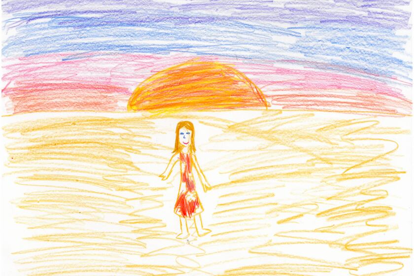 A drawing of a girl in a dress standing at the beach.