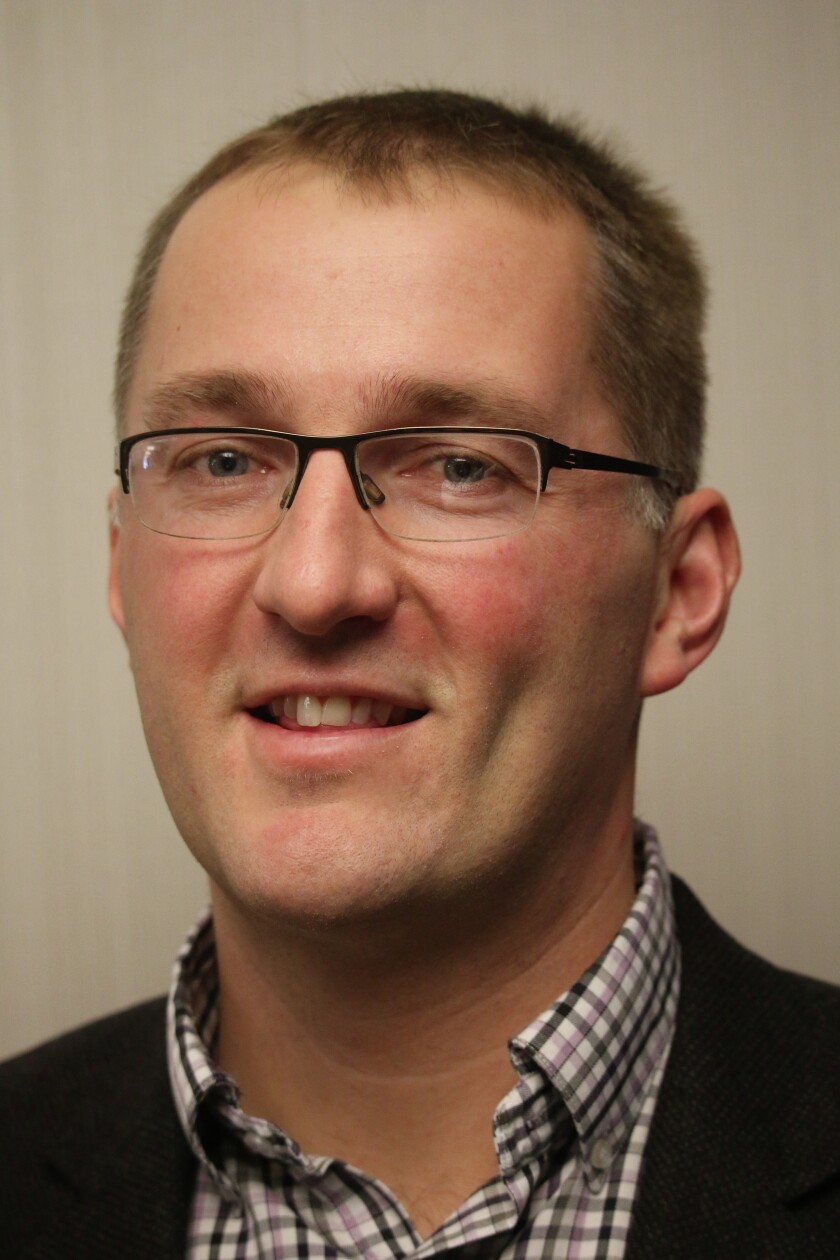 Nick Horob, founder of Harvest Profit Inc., a software company based in Fargo, and a farm marketing and management consultant with MarketWise Ag Services group in Fargo., speaks Feb. 1, 2017, at the Northwest Farm Managers Association annual meeting in Fargo, N.D. Mikkel Pates/ Forum News Service