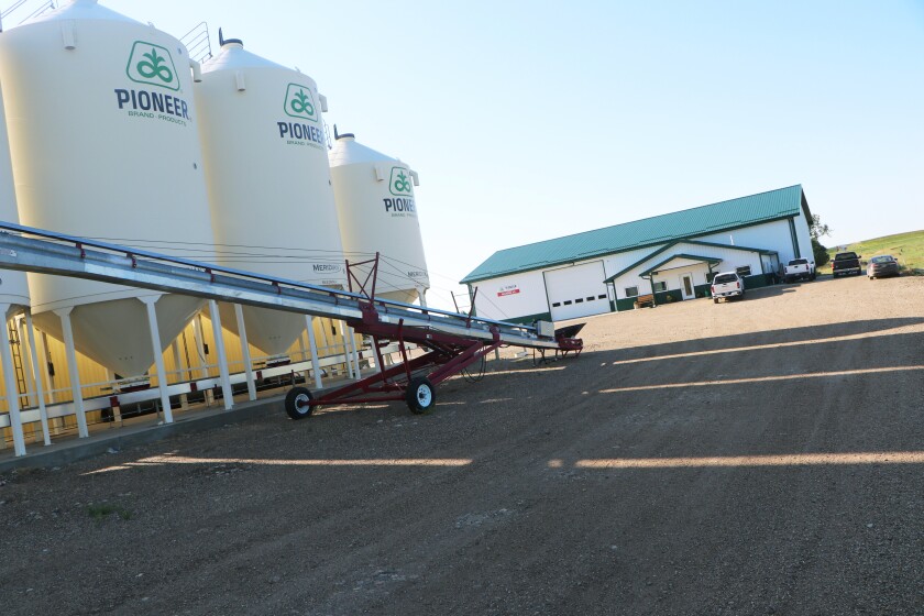A well-kept Pioneer seed dealership office and shop, is flanked by a row of white, branded hopper bins at left.