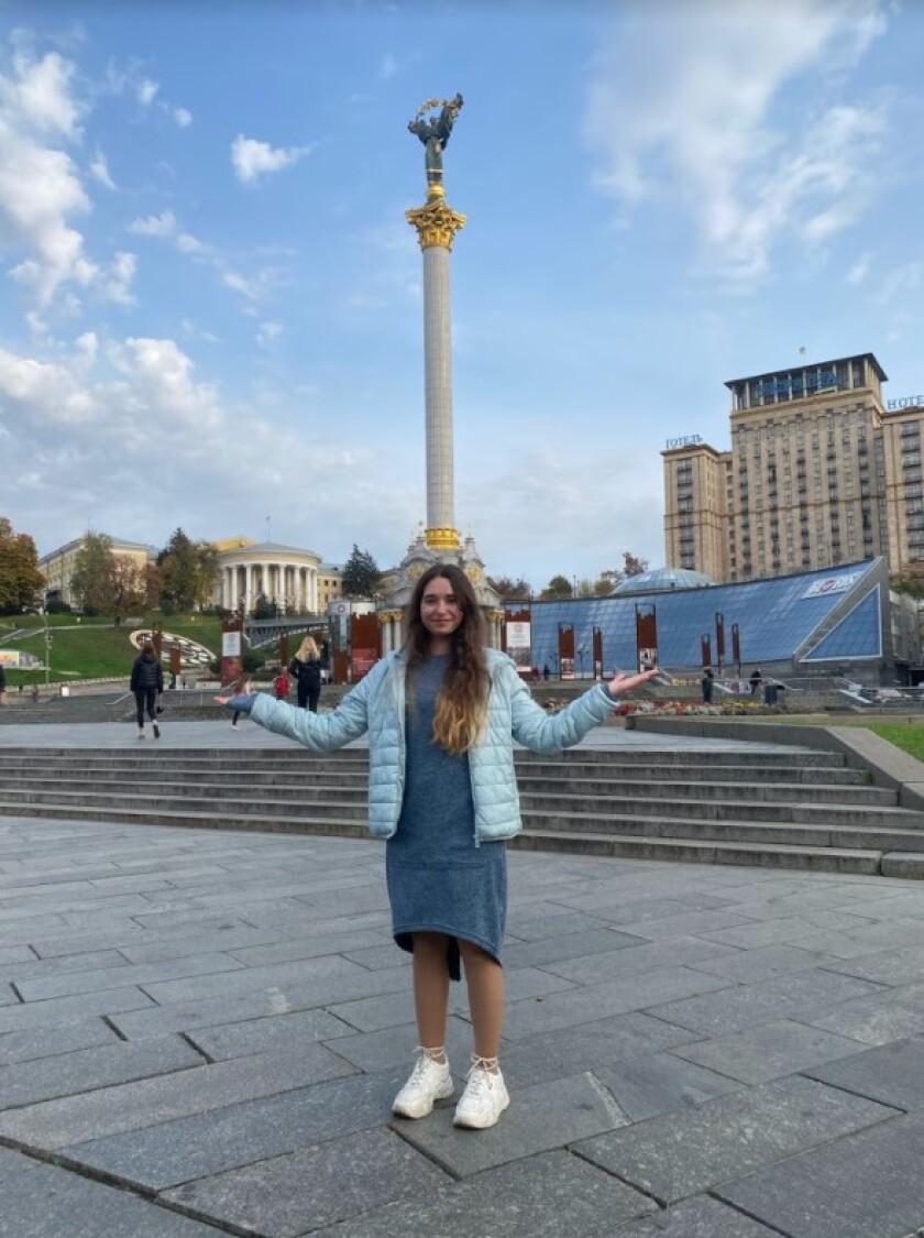 Anastasiia Biermaier stands in Freedom Square in Kyiv, Ukraine