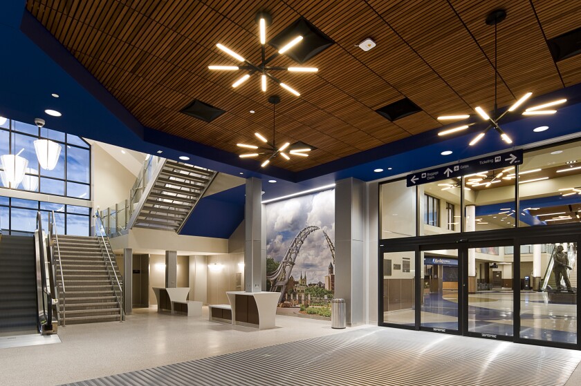 Interior of a vertical circulation building attached to the parking garage at Sioux Falls Regional Airport. / Cipher Imaging
