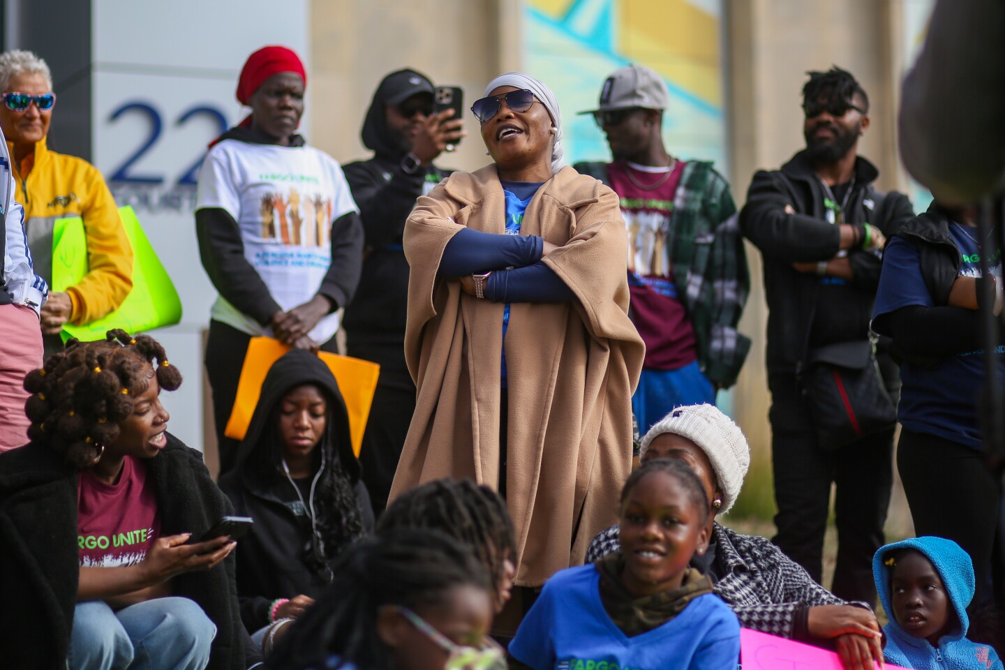 Rev. Catherine Mulibah speaks during a gathering at Fargo City Hall on Saturday, Oct. 11, 2025, in downtown Fargo, aimed at uniting people of faith and families to take a stand against increasing violence and the destructive impact of drug and substance abuse in their neighborhoods. People marched from Island Park through downtown Fargo to City Hall.