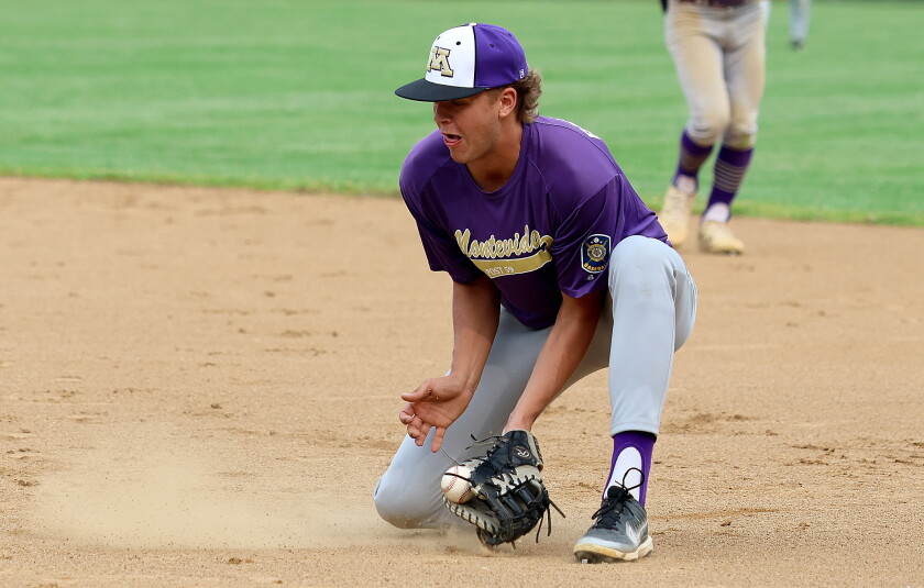 Montevideo first baseman Gannon Reidinger fields a ground ball during a Division II West Central Sub-State Legion baseball playoff game against Parkers Prairie on Thursday, July 23, 2026 at Montevideo.