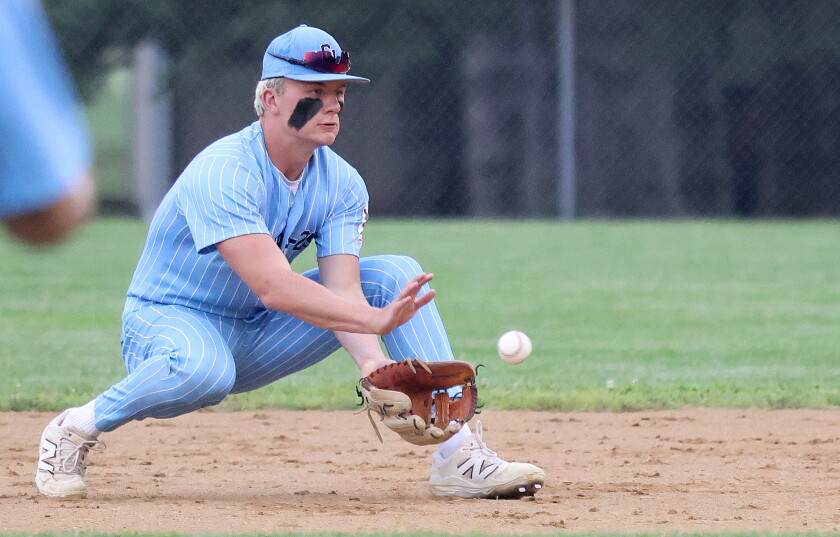 Glenwood-Lowry second baseman Braylen Scharmer fields a grounder during a Division II West Central Sub-State Legion baseball playoff game against Redwood Falls on Thursday, July 23, 2026 at Montevideo.