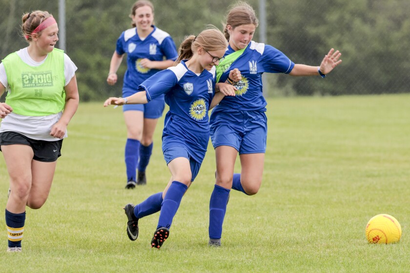 Soccer players in blue and yellow jerseys