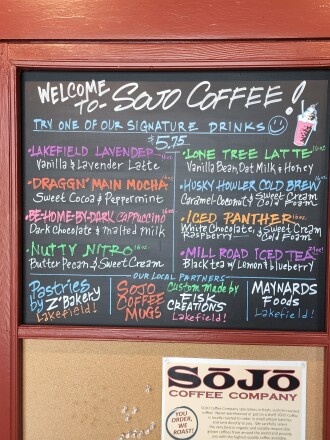 SOJO Coffee Company's menu features a heavy emphasis on buying local, from the names of the drinks to the origins of its ingredients and items for sale.