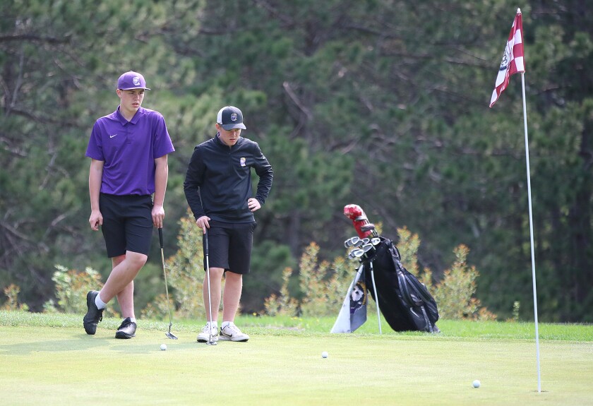 Golfers watch a putt.