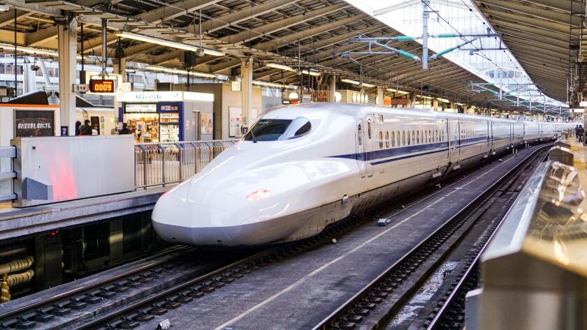 A bullet train in a Tokyo, Japan, train station.