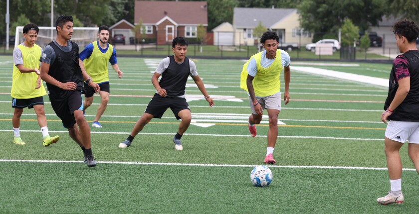 The Minnesota West Bluejays soccer team works a passing drill during a practice at Trojan Field Thursday afternoon (from left) Edgar Carrillo, Francisco Esteban, Guilherme Castro, Cristian Tomas, Ulises Barrera and Omar Fernandez.