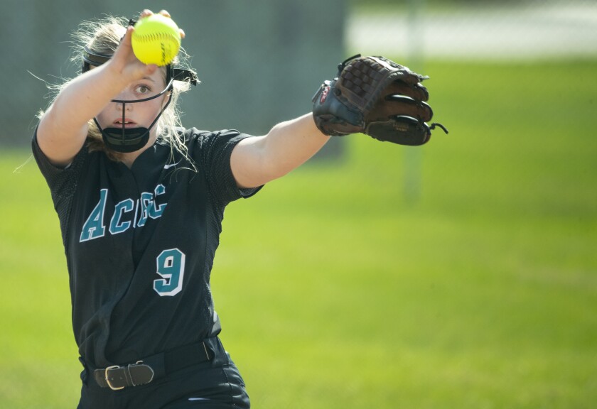 ACGC pitcher Kendall Miller throws a pitch while taking on Paynesville on the road in Paynesville on Monday, May 9, 2022.