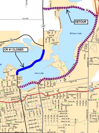 Detour map while Kandiyohi County Road 41 is closed for construction from May 16, 2022, until July.