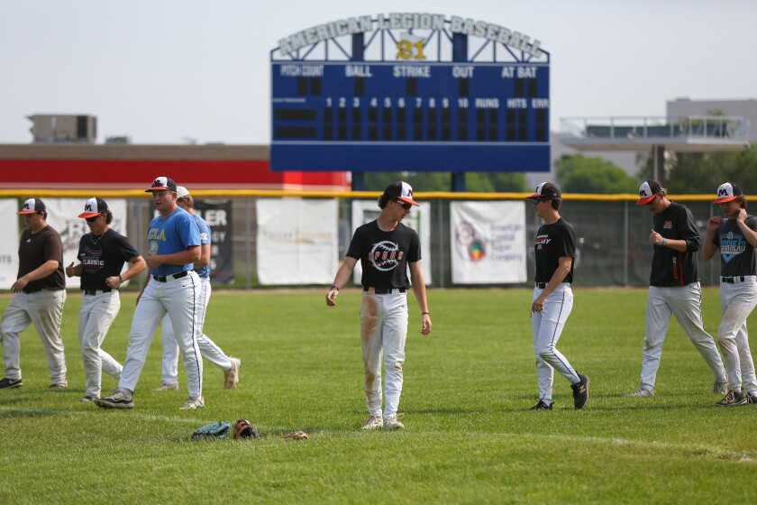 The Moorhead Spuds baseball team warms up before practice on Wednesday, June 4, 2025, at Matson Field in Moorhead.