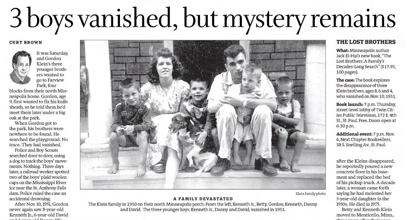 a historical newspaper article includes a large image of a family sitting in a front step, two parents with four boys and a dog