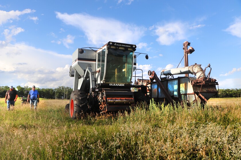 Father-and-son farmers stroll to a 1980s-vintage grain combine and an early 1900s threshing machine, parked as memories of a farm that has been in their family since 1882.