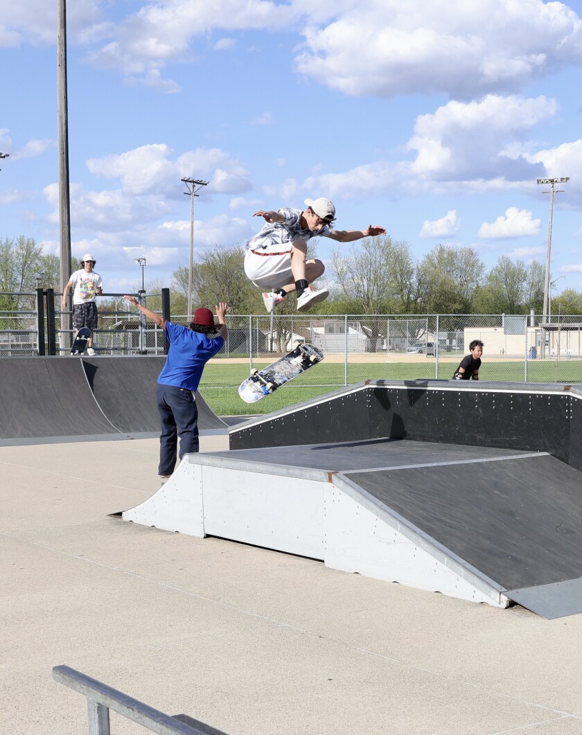 Skateboarders practice their moves at Worthington's local park on Sunday, May 15, 2022.