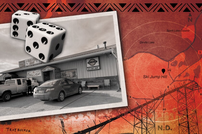 A photo illustration focuses on Ski Jump Hill, which is depicted with a pindrop and radar lines on a map. A ski jump is also seen in the red-tinted illustration. At left is a polaroid photo of the exterior of a bar with cars parked outside as well as dice.