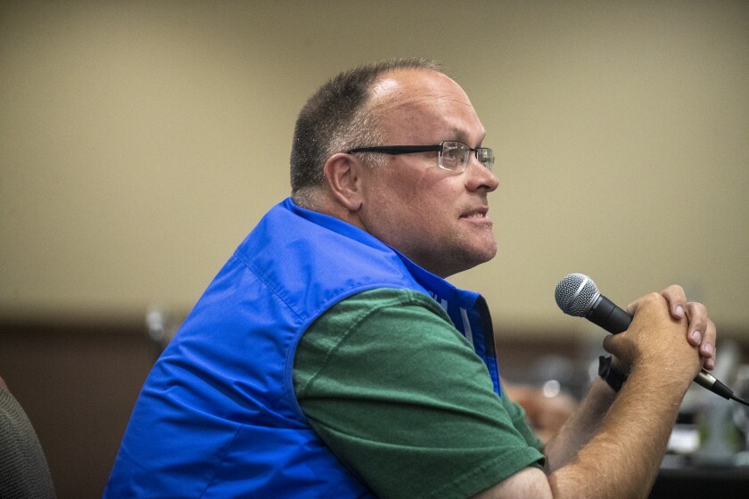 Zeke Dahl, who is running for Willmar mayor, speaks to a crowd during a candidate forum at the Willmar Convention Center on Friday, August 5, 2022.