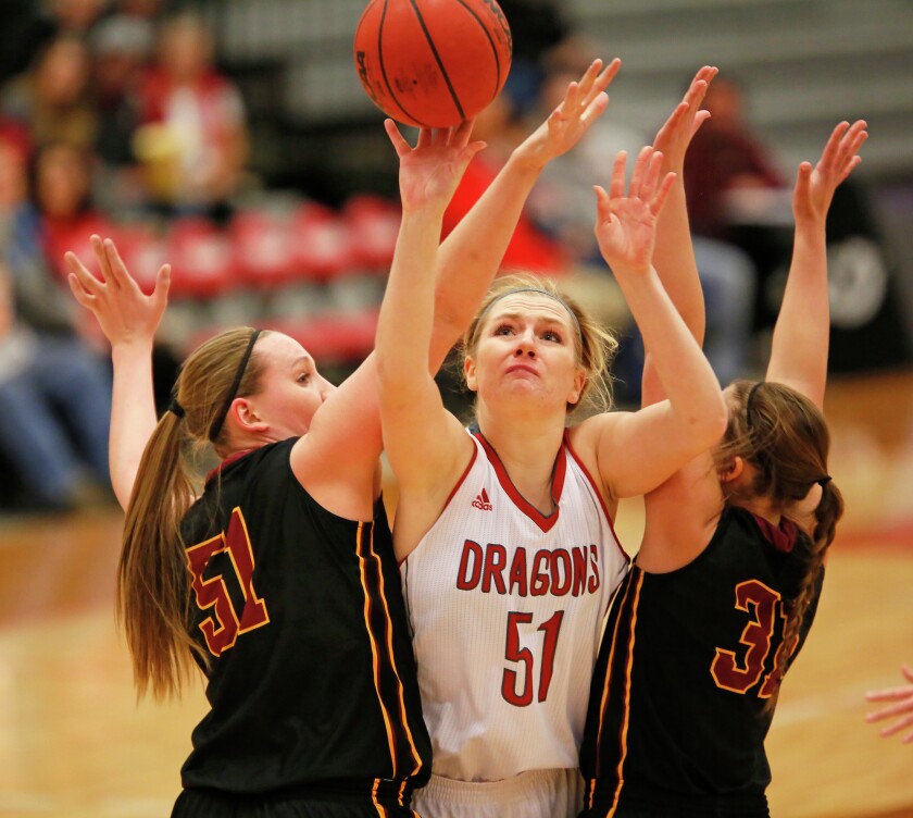 Minnesota State Moorhead's Cassidy Thorson battles for a loose ball against Northern State's Brynn Flakus Saturday, Dec. 17, 2016, at Alex Nemzek.David Samson / The Forum