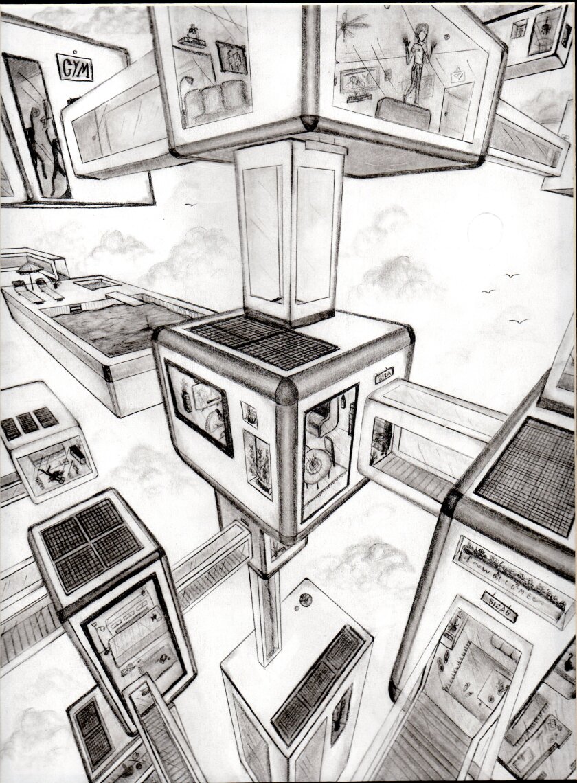 A detailed sketch shows single rooms hovering in the sky and attached by skywalks with large windows