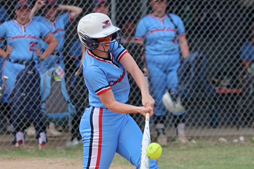 Josie Witter from Central Lakes College hits the ball against Minnesota West on Friday, May 9, 2025, in Brainerd.