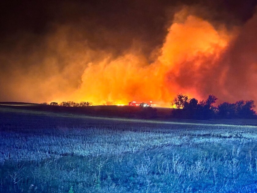 A grass fire blazes in the background with firetrucks seen fighting the fire. The sky is orange and silhouettes of trees are seen in the foreground.
