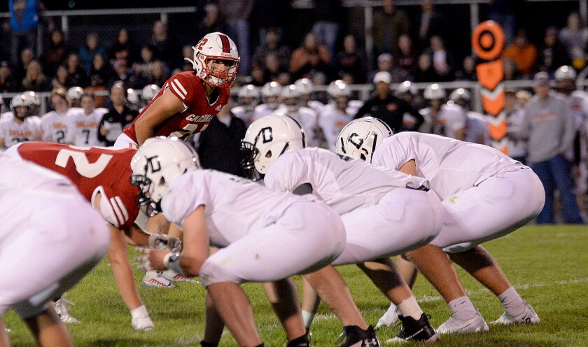 Willmar senior Jaxxon Sjoberg looks into the Delano backfield during a North Central White District game on Friday, Sept. 30, 2022 at Hodapp Field.