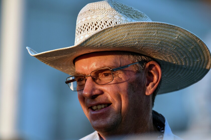 Jim Glaus chats with someone he recognized at the Winner Elks Benefit Rodeo on Saturday, July 23 in Winner. (Matt Gade/Republic)