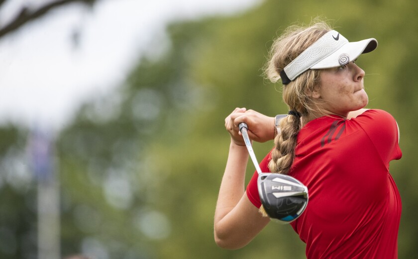 Lac qui Parle Valley golfer Sarah Halvorson tees off in the Class A girls golf tournament at Pebble Creek Golf Club in Becker on Wednesday, June 15, 2022.