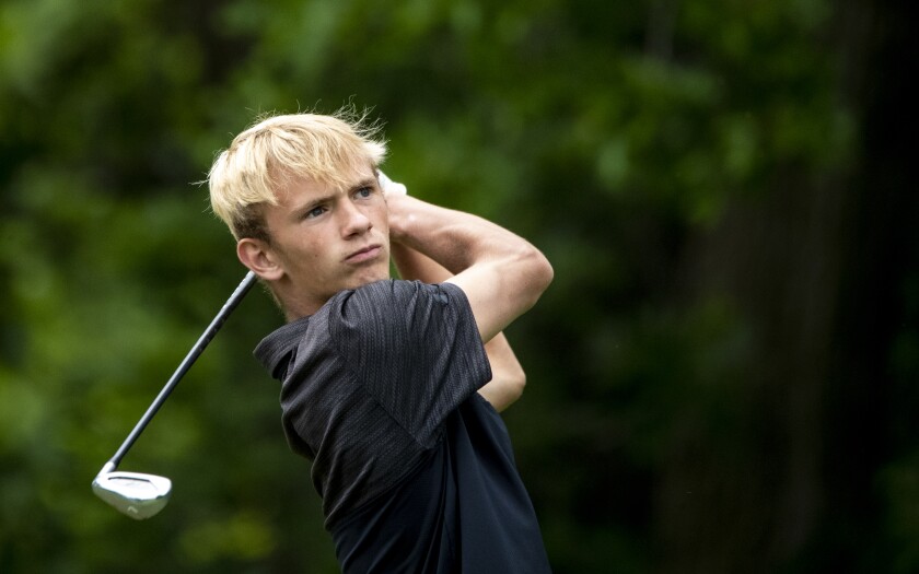 Brady Schwinghammer of BBE tees off in the state Class A golf tournament at Pebble Creek Golf Course in Becker on Wednesday, June 15, 2022.