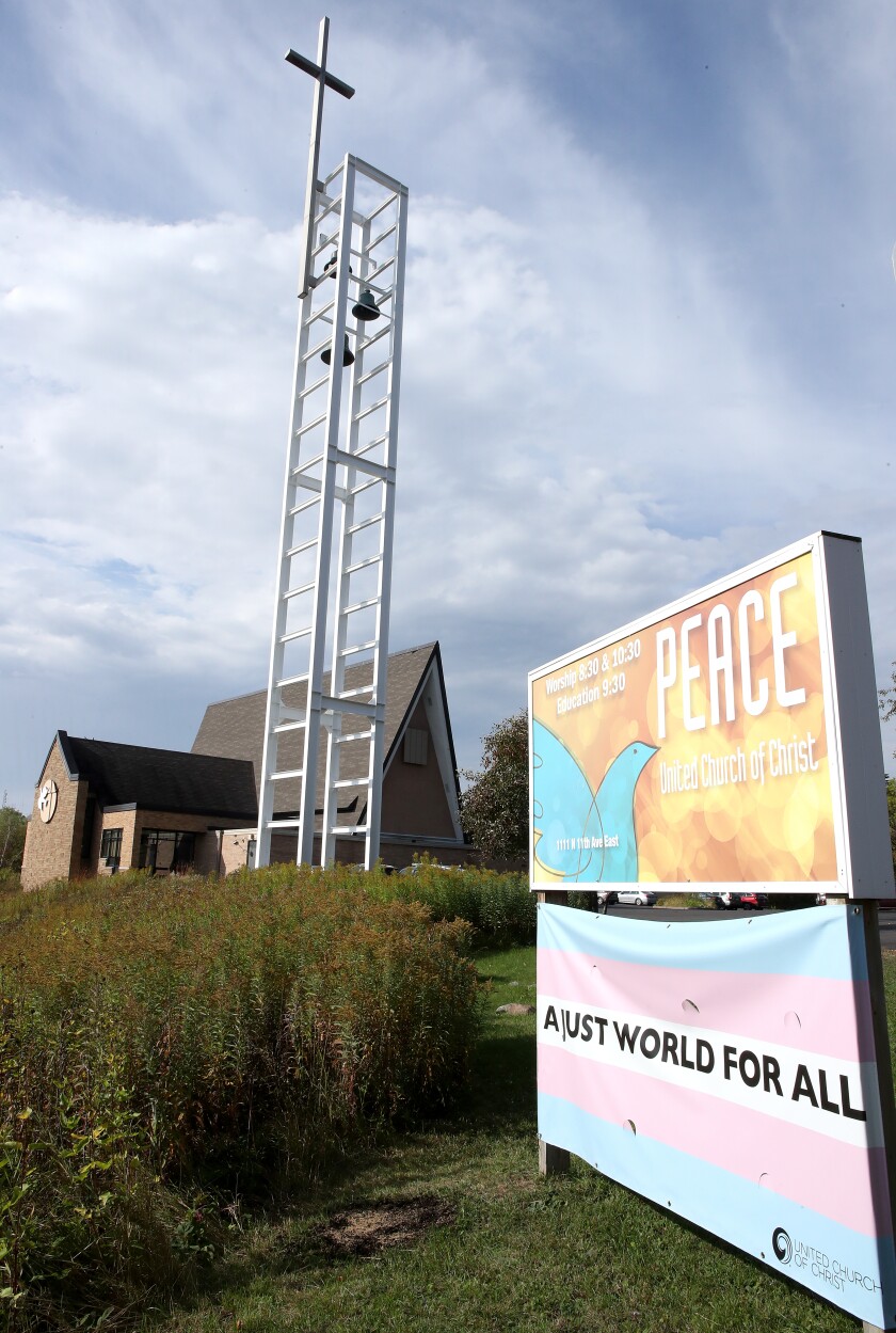 The bell tower stands high above Peace United Church of Christ
