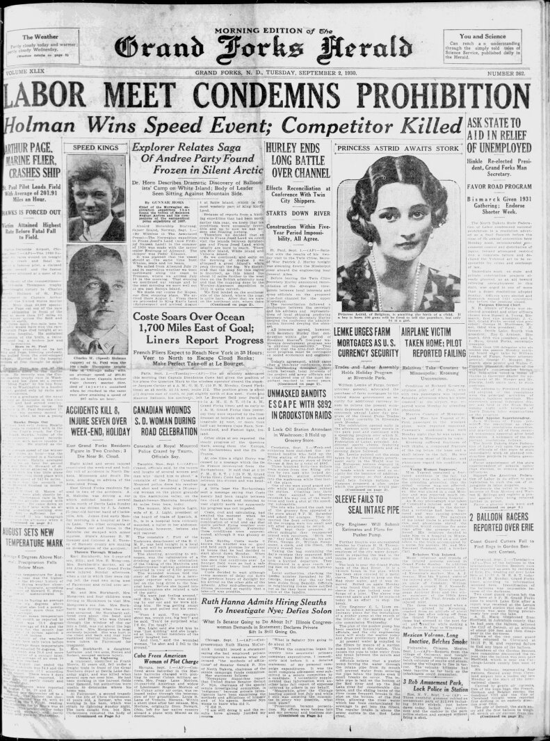 Today in History: Sept. 2, 1930 - Unmasked bandits escape with $892 in Crookston raids