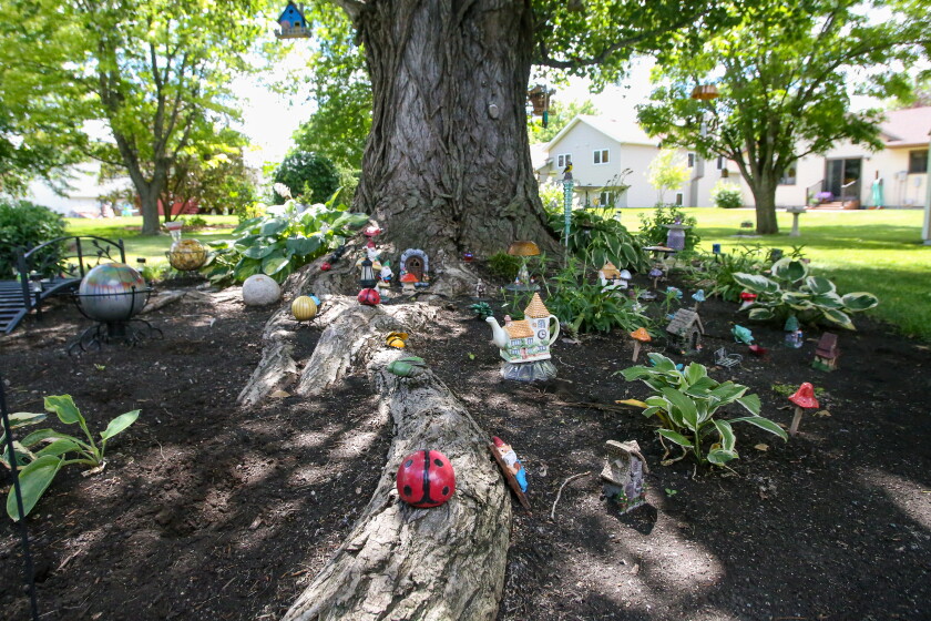 Marlene Olson decorated around a tree in her backyard in south Fargo with some of her creations.