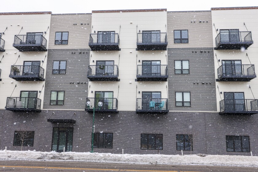 apartment building in snowy conditions