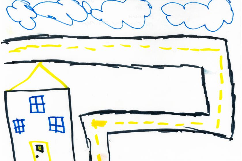 A drawing of a street going by a house.