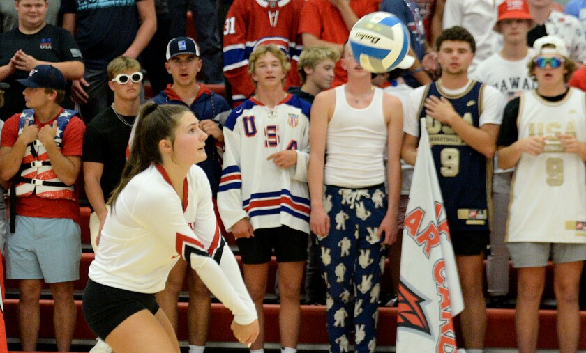 Willmar senior Allie Rosendahl waits on the ball for a dig during a Central Lakes Conference match against Sartell on Tuesday, Sept. 27, 2022 at the Big Red Gym at Willmar High School.
