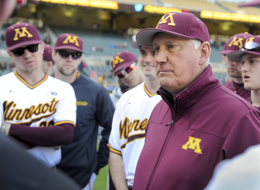 University of Minnesota head coach John Anderson talks with his team after a game against Iowa on April 21 at Target Field in Minneapolis. Craig Lassig/For the News Tribune