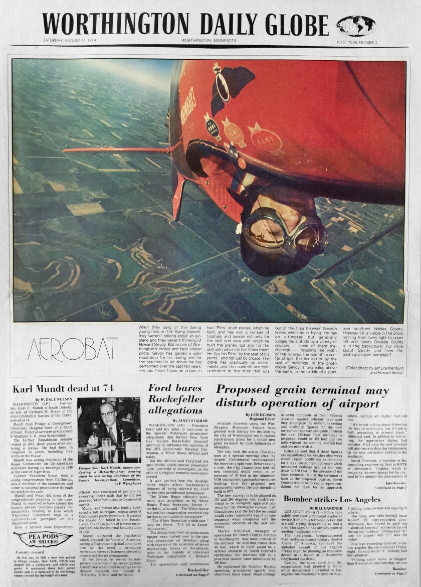 Jim Brandenburg and Howard Sevdy, "one of Worthington's oldest and best known pilots," collaborated to take this picture for the Saturday, Aug. 17, 1974 edition of the Worthington Daily Globe.