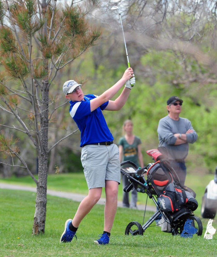 Beulah junior Michael Schmidt hits from the tee box on hole No. 13 on Thursday at Pheasant Country Golf Course. (Parker Cotton / The Dickinson Press)