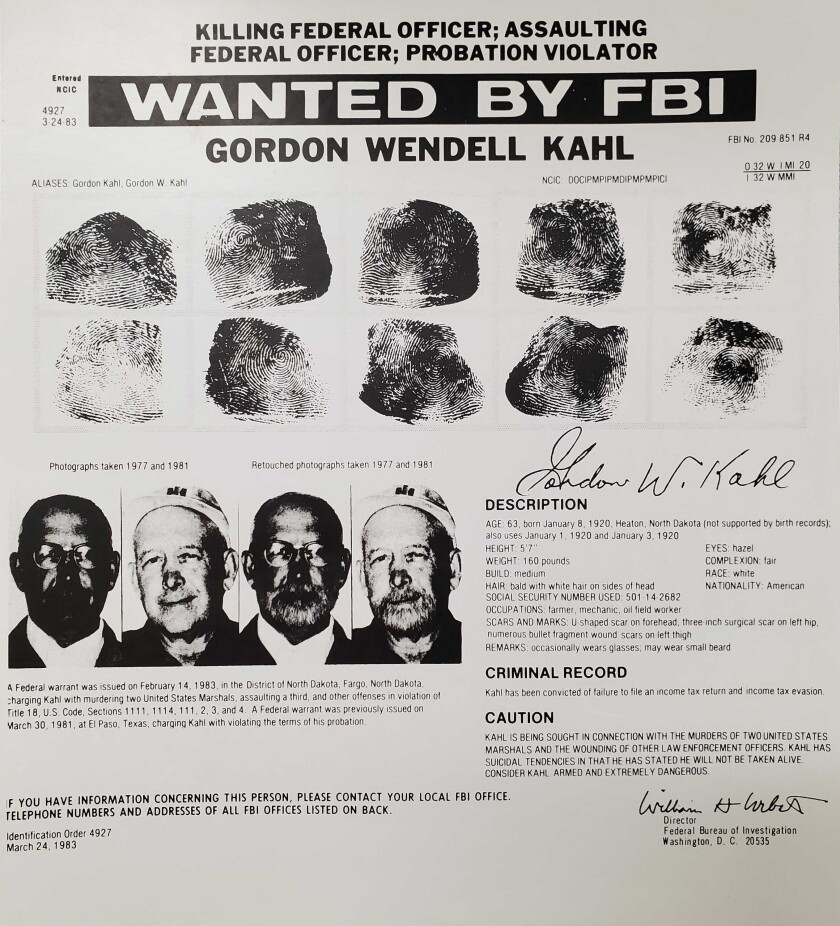 Fingerprints and mugshots on a black-and-white poster that says "Wanted by FBI: Gordon Wendell Kahl."