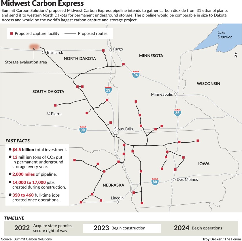 A map of the Summit Carbon Solutions pipeline project