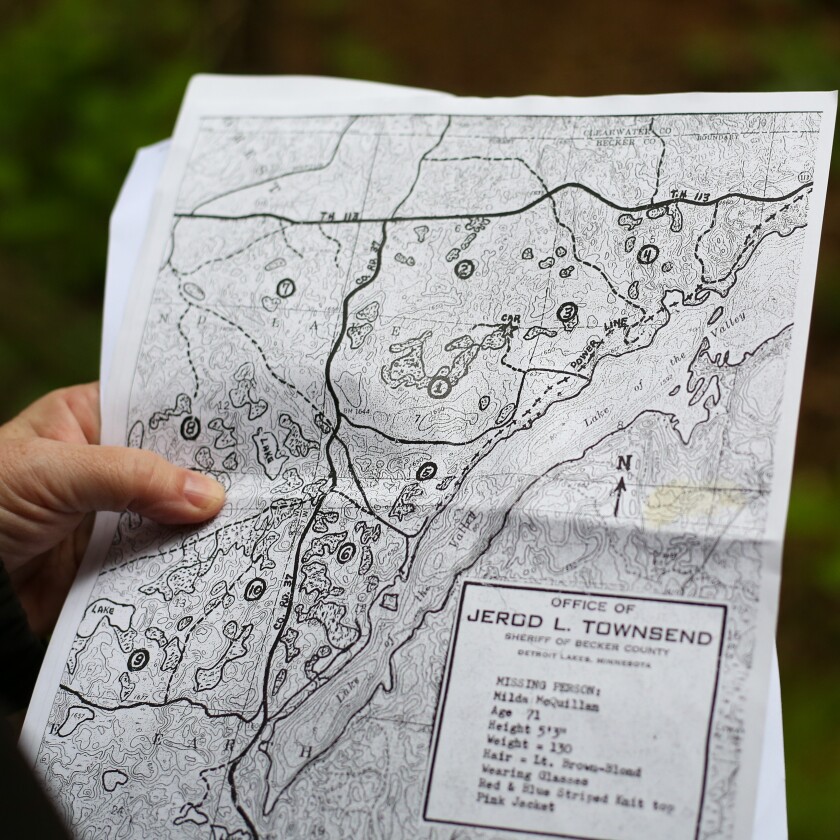 The map shows the area near Bad Medicine Lake in Becker County, Minnesota, where Milda McQuillan, a mother and grandmother, went missing 50 years ago. The case is still open.