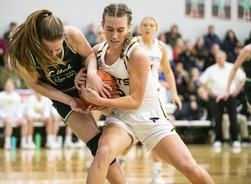 Litchfield senior Margaret Boerema, at left, and New London-Spicer senior Izzy Schmiesing battle for control over the ball as the Dragons played host to the Wildcats on Friday, Feb. 18, 2022.