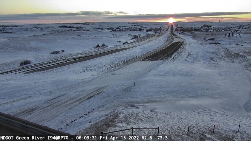 A view of the snow-covered I-94 on Friday, April 15, 2022.